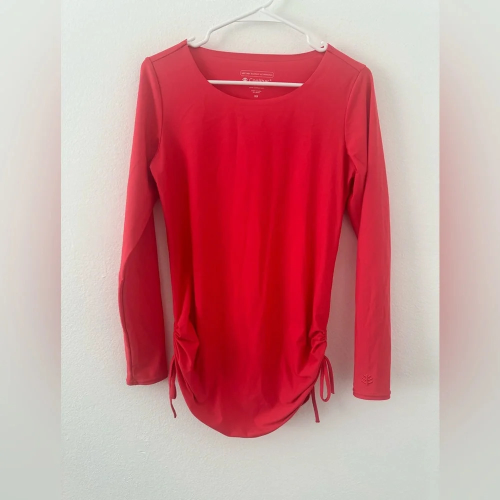 Coolibar Coral Red UPF 50+ Sun Protection Swim Top Side Ruching Coastal Size XS